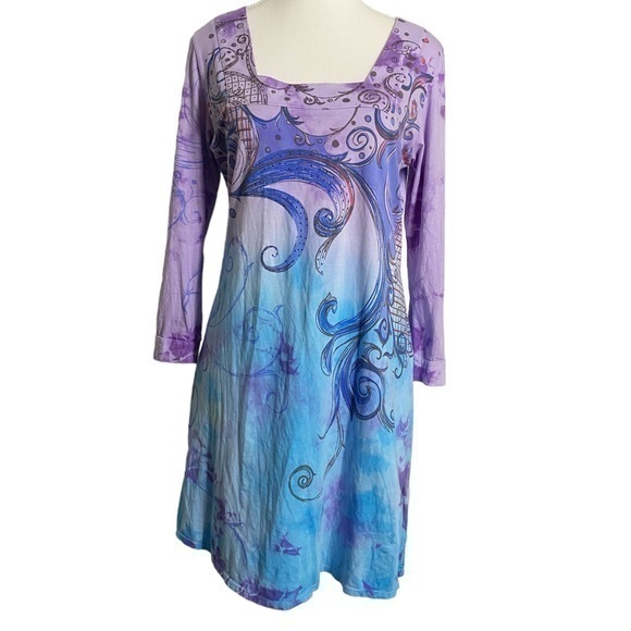 Bambooco Dresses & Skirts - Bambooco Blue and Purple Tie Dye Midi Dress with Embellishments